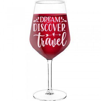 Best Friend Wine Glass With Engraved Text - "Dream Discover Travel", Gift for Wine Lover, Size 530ml