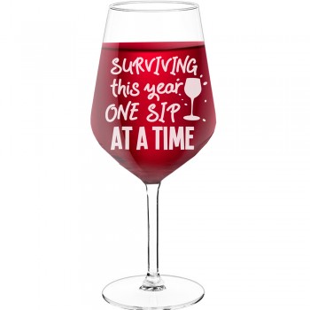 Wine Glass With Engraved Text  "Surviving One Sip At A Time", Size 530ml