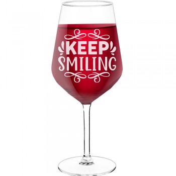Personalised Wine Glass With Engraved Text - "Keep Smiling", Funny Wine Gift, Size 530ml