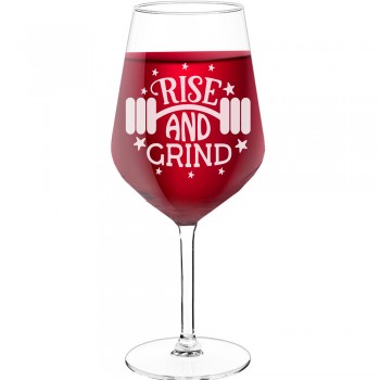 Wine Glass For Men With Engraved Text - "Rise And Grind", Gift for Woman, Size 530ml