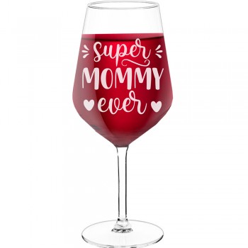 Stikla Vīna Glāze ar Uzrakstu - "Super Mommy Ever", Dzimšanas Dienas Dāvanas Ideja, Izmērs 530ml