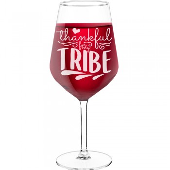 Birthday Wine Glass With Engraved Text - "Thankful For My Tribe 3", Wine Gift Idea, Size 530ml