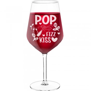 Wine Glass Personalised With Engraved Text - "Pop Fizz Kiss 4", Best Friend Gift, Size 530ml