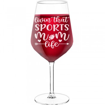 Novelty Wine Glass With Engraved Text - "Livin That Sports Mom Life', Birthday Gift Idea, Size 530ml