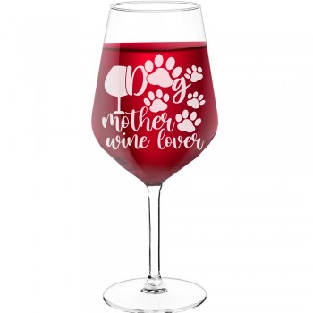 Stikla Vīna Glāze ar Uzrakstu - "Dog Mother Wine Lover", Interesanta Dāvana, Izmērs 530ml