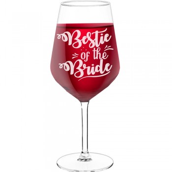 White Wine Glass With Engraved Text - "Bestie Of The Bride 2", Funny Wine Gift, Size 530ml