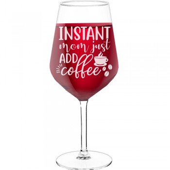 Red Wine Glass With Engraved Text - "Instant Mom Just Add Coffee", Best Friend Gift, Size 530ml