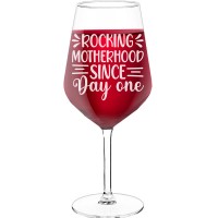 Birthday Wine Glass With Engraved Text - "Rocking Motherhood Since Day One", Gift for Wine Lover, Size 530ml