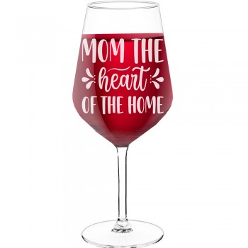 Red Wine Glass With Engraved Text - "Mom The Heart Of The Home-2', Birthday Gift Idea, Size 530ml