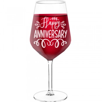Sarkanvīna Glāzes ar Uzrakstu - "Happy Anniversary 1", Dāvana Draugam, Tilpums 530ml