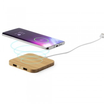 Bamboo wireless charger 5W, works with mobile phones with inductive charging function, 2 USB outputs DC 5V/2.1A, micro USB cable included AIV0358-16