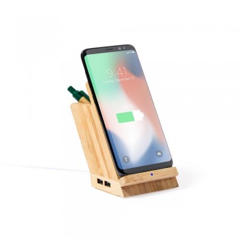 Bamboo wireless charger 5W, 4 hub ports USB 2.0, pen holder, phone stand, works with mobile phones with inductive charging function, micro USB cable included AIV0198-18