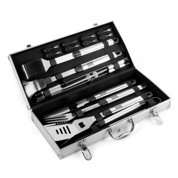 Barbecue set in aluminium case, includes: 8 skewers, 4 spits, brush, soft brush, carving knife, carving fork, spatula with cutting knife and tongs AIV6394-32