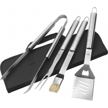 Barbecue set in zipper pouch with carry straps, 4 pcs, long brush, tong, meat fork and spatula AIV9655-03