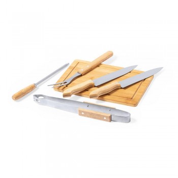 Barbecue set 6 pieces: 2 knives, sharpener, fork and tongs with wooden handles, bamboo cutting board, case included AIV8350-18