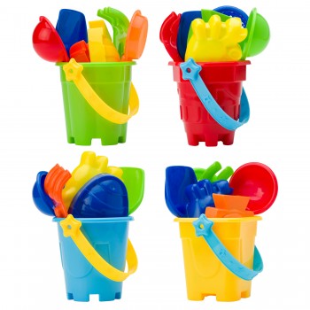 Beach bucket in 4 different colours and shapes - 2 round, 1 square and 1 octagonal, inside: shovel, fork, scoop, sand strainer and 2 modelling parts (fish and crab shapes), mix 4 patterns assorted AIV8649-99