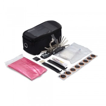 Bicycle bag with accessories: round patches (8 pcs), glue, grinder, plastic crowbars (2 pcs), disposable poncho, multifunction key, first aid kit (8 plasters 72 x 19 mm, 4 plasters 55 x 19 mm, 4 round plasters Ø20 mm, 6 antiseptic wipes, 1 soap wipe, 1 cl