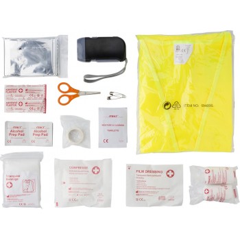 Car emergency first aid kit in pouch with zipped main compartment, 40 pcs, includes: dynamo torch, silver thermal blanket, alcohol pads (10 pcs), plasters (15 pcs), antiseptic cleansing wipes (2 pcs), scissors, pins (2 pcs), safety vest, tape, PBT bandage