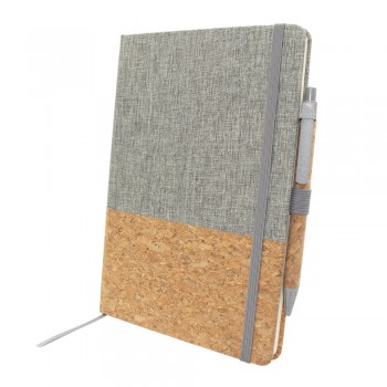 Notebook A5 (80 lined sheets), hard cover made of cork and cotton, ribbon marker and elastic band for closing, ball pen with cork barrel and coloured details made from wheat straw included AIV0056-19