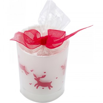 Decorated candle holder with tealight, wrapped in transparent foil with red ribbon AIV9513-02