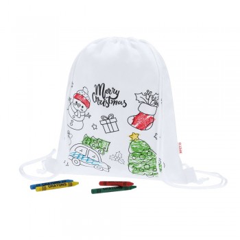 Drawstring bag for colouring, Christmas pattern, crayons