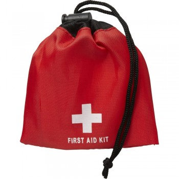 First aid kit in drawstring pouch, 10 pcs, includes: 5 plasters, 2 alcohol pads, cleansing wipe, anti-septic wipe and a bandage AIV7901-05