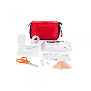 First aid kit in pouch with front pocket and belt fastening, zipped main compartment, 14 pcs, includes: triangle bandage, PBT bandage, 4 alcohol pads, 4 plasters, scissors, 2 pins and tape AIV5690-05