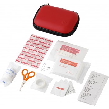 First aid kit in pouch, 16 pcs, includes: 1 sterile nonwoven pad, 1 roll bandage, 1 triangle bandage, 2 safety pins, scissors, 4 alcohol pads, 5 adhesive sterile plasters and 1 small role of tape AIV9546-05