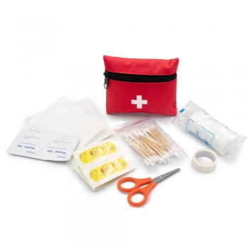 First aid kit in pouch with zipped main compartment, 7 pcs, includes: 10 plasters, 4 alcohol pads, tape, 2 non-adherent pads, bandage, cotton buds (20 pcs.) and scissors AIV5592-05