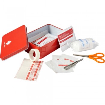 First aid kit in tin, includes: scissors, damp cloth, tape, 4 alcohol wipes, 4 plasters, bandage and antiseptic wipe AIV7948-05