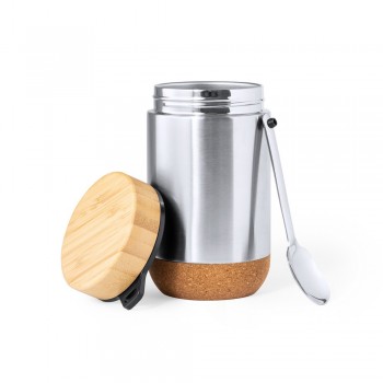 Food container 450 ml with stainless steel spoon, stainless steel walls, bamboo lid and cork detail, leakproof AIV0924-00