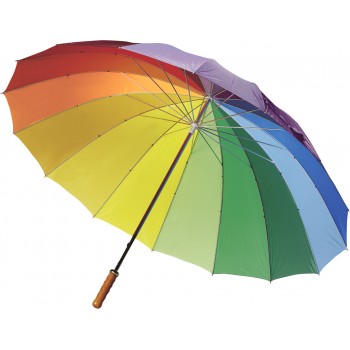 Manual umbrella, 16 different coloured panels, metal shaft and wooden handle with velcro fastening AIV4225-99