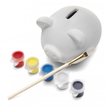 Plaster piggy bank with wooden brush and 5 paints AIV6453-02