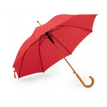 RPET automatic umbrella, 8 panels, manual closing system, metal ribs, wooden shaft and handle, velcro closing AIV0763-05