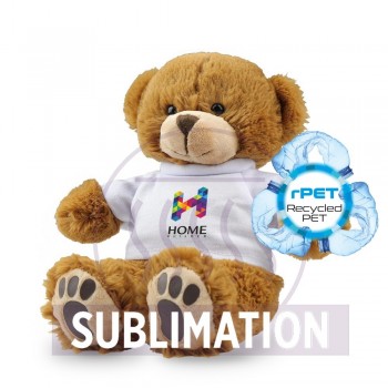 Brown teddy bear with white T-shirt suitable for printing (T-shirt packed separately), teddy bear made of plush from recycled PET bottles, white T-shirt can be replaced with yellow from velour if requested, teddy bear with GRS (Global RecycIed Standard) c