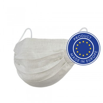 Reusable face mask, non-medical, double layer, made of linen, first wash temperature: 30 degrees Celsius, subsequent washes temperature: 40 degrees Celsius, water sterilization at 100 degrees Celsius, ironing up to 200 degrees Celsius, OEKO-TEX certificat