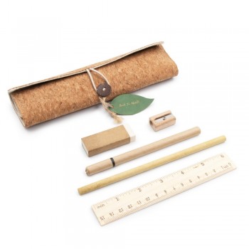 School set, cork pencil case, pencil, ball pen, ruler, eraser and pencil sharpener  | Clark