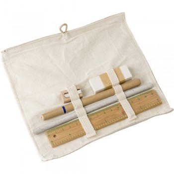 School set in cotton pouch, pencil, ball pen, sharpener, eraser and bamboo ruler 15 cm AIV7377-25