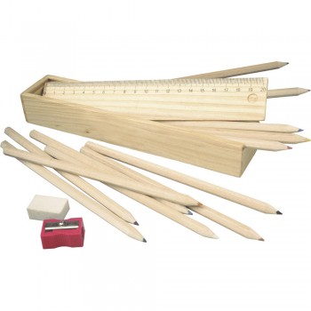 School set in wooden box with 12 pencils, eraser, pencil sharpener and ruler AIV6128/A-17