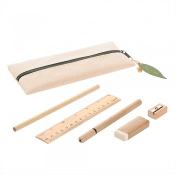 School set in zipped cotton pencil case, pencil (unsharpened), ball pen, ruler, eraser and pencil sharpener AIV7365-20