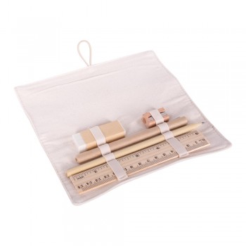 School set in cotton pouch with ruler, pencil, ball pen, eraser and pencil sharpener AIV1815-20