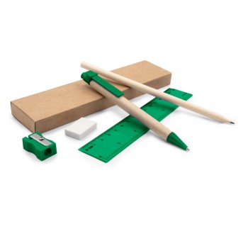 School set in box with pencil, ball pen with recycled cardboard barrel, eraser, pencil sharpener and ruler AIV7869-06