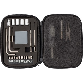 Tool set, 24 pcs: 5 sockets, 3 hexagonal screwdrivers, 9 screw bits, 1 socket, 1 measuring tape, 2 precision screwdrivers, 1 screwdriver handle, 1 extension bar, 1 set of pliers, in zipped leather case AIV7256-03