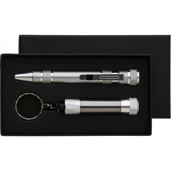 Tool set in box: pen shaped screwdriver with 8 bits and pocket torch with 3 LED lights on keyring AIV5091-19