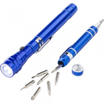 Tool set in gift box, telescopic torch with 3 LED lights and pen shaped screwdriver with 4 flat headed and 4 Phillips screwdriver bits AIV8763-11