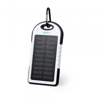 Water resistant 4000 mAh power bank with solar panel for recharging, on/off button, LED light, 4 electric charge indicators, 1 solar charge indicator, 2 USB outputs, can charge two devices simultaneously, input 5V/1A, output 1: 5V/1A, output 2: 5V/1A, mic