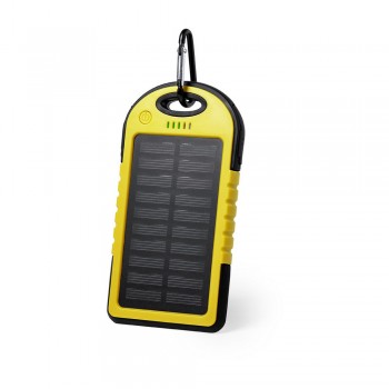 Water resistant 4000 mAh power bank with solar panel for recharging, on/off button, LED light, 4 electric charge indicators, 1 solar charge indicator, 2 USB outputs, can charge two devices simultaneously, input 5V/1A, output 1: 5V/1A, output 2: 5V/1A, mic