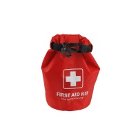 Air Gifts waterproof first aid kit with carabiner, main compartment locked with buckle, inside: PBT bandage 7,5 cm x 4,5 m, PBT bandage 5 cm x 4,5 m, mouth to mouth mask, vinyl gloves, 6 alcohol pads, 4 BZK pads, 4 sting relief pads, emergency blanket, tr
