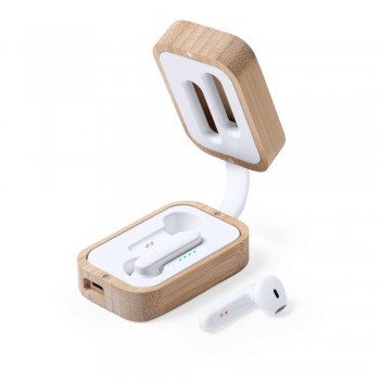 Wireless earphones BT 5.0 in magnetic charging case made of bamboo, 400 mAh charging station battery, 35 mAh earphones battery, answering calls functions, integrated microphone, working distance up to 10 m, USB rechargeable, micro USB cable included AIV01