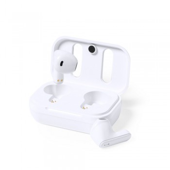 Wireless earphones BT 5.0 in charging case with detail made from recycled leather, 300 mAh charging station battery, 30 mAh earphones battery, answering calls function, working time: approx. 3-4h, working distance up to 10 m, USB rechargeable, USB type C